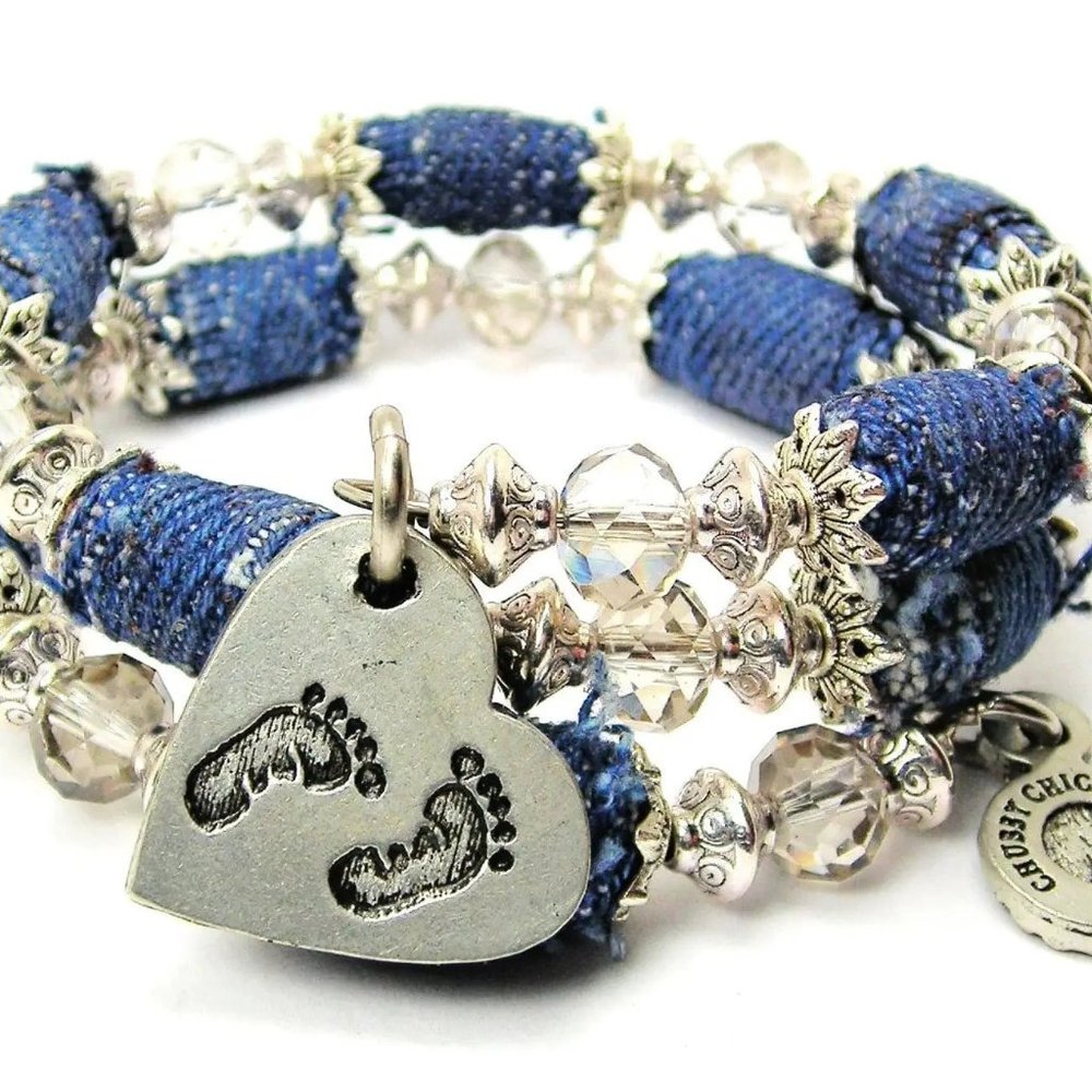 Baby Feet Denim Beaded Wrap Bracelet